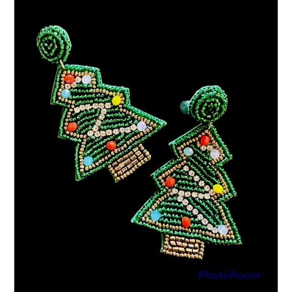 Beaded Christmas Tree Earrings Handmade embellished Ornaments Dangle Pos… - Picture 2 of 12